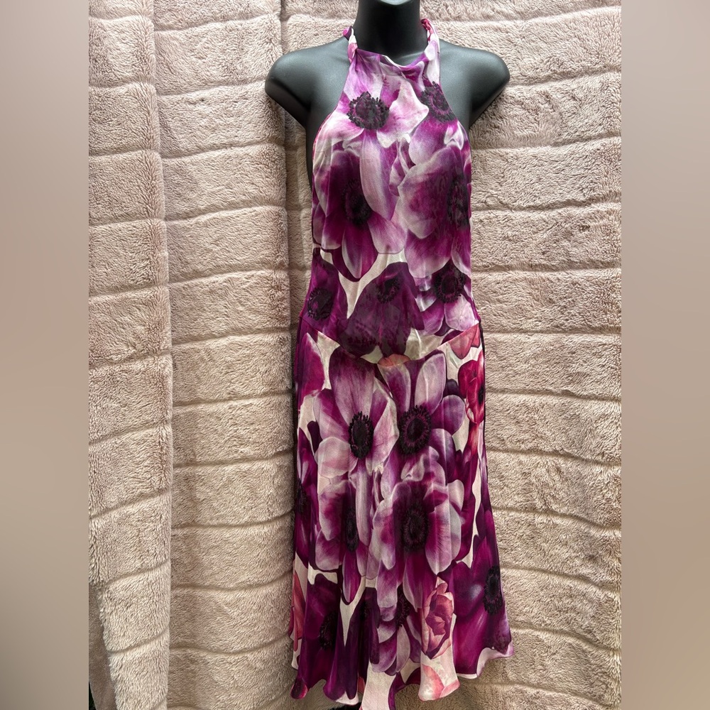 Versace Strapless Floral Halter Dress in Purple and White